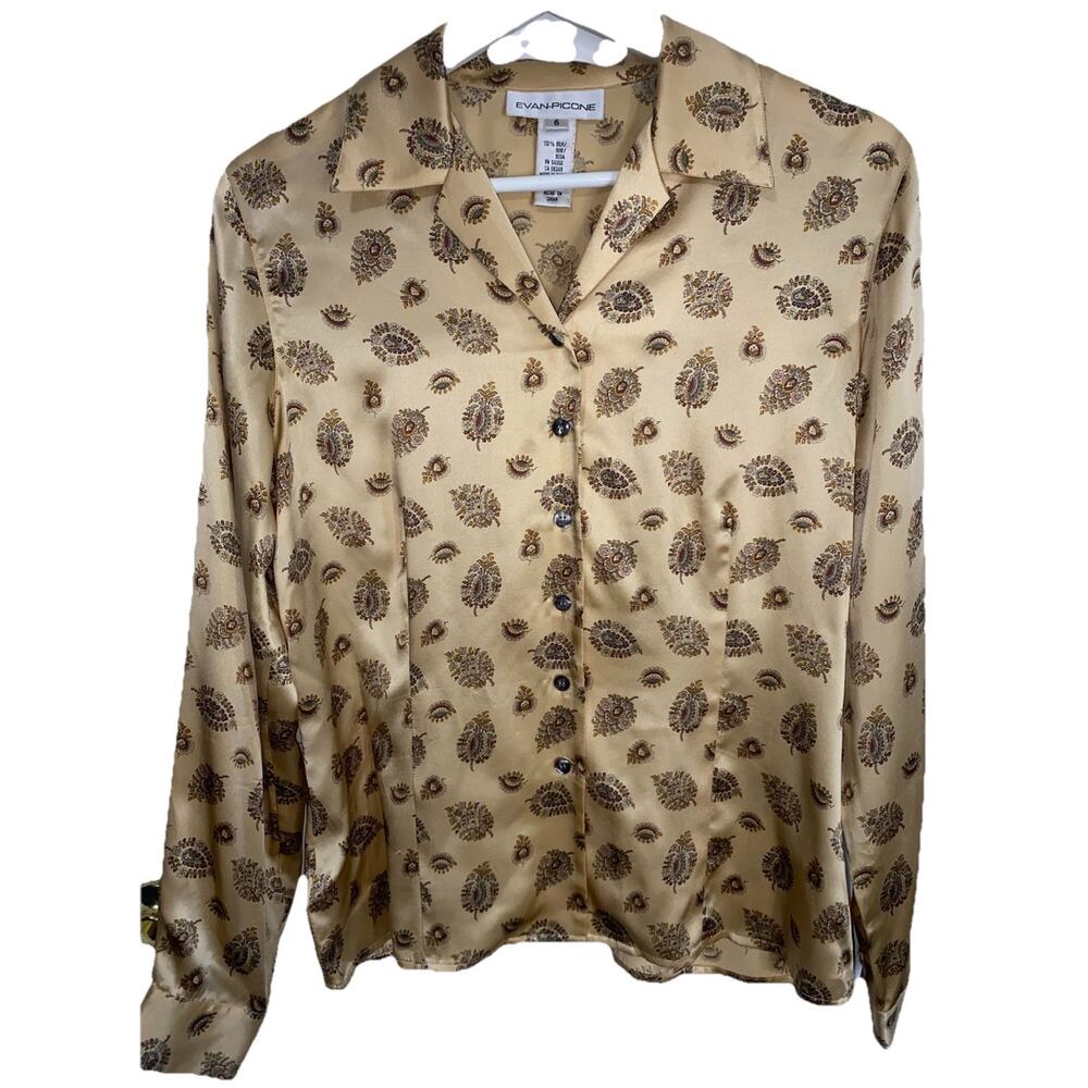 Evan-Picone Vintage Women’s Button Up Blouse Paisley Brown/tan 100% Silk Size 6